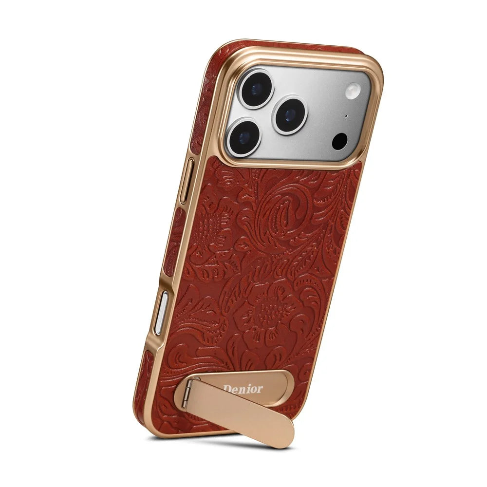DENIOR A25 For iPhone 17 Pro Max Case Compatible with MagSafe Kickstand Electroplating Genuine Cow Leather Back Phone Cover - Red - 2