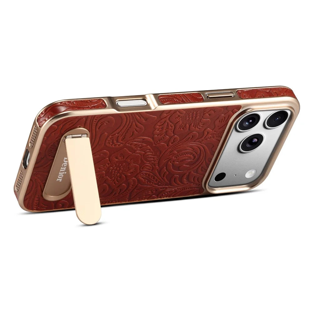 DENIOR A25 For iPhone 17 Pro Max Case Compatible with MagSafe Kickstand Electroplating Genuine Cow Leather Back Phone Cover - Red - 3
