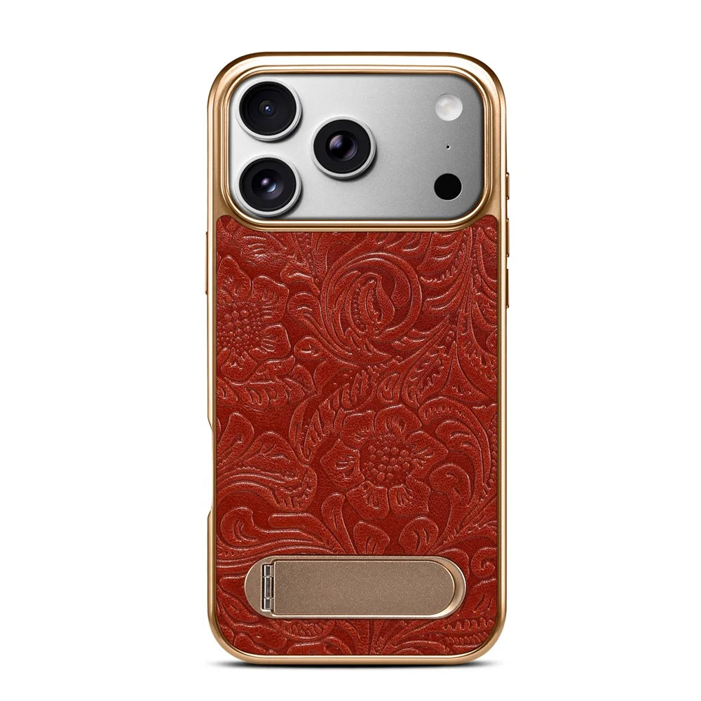 DENIOR A25 For iPhone 17 Pro Max Case Compatible with MagSafe Kickstand Electroplating Genuine Cow Leather Back Phone Cover - Red - 4
