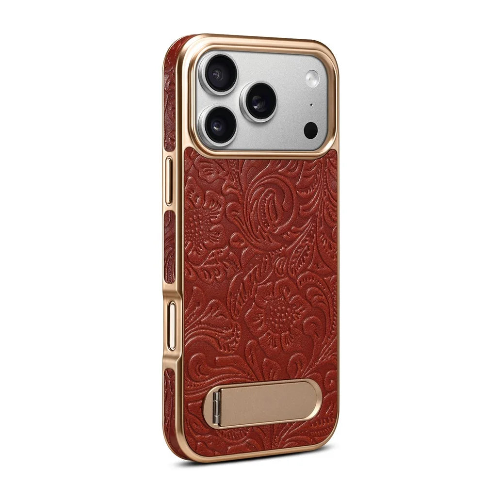 DENIOR A25 For iPhone 17 Pro Max Case Compatible with MagSafe Kickstand Electroplating Genuine Cow Leather Back Phone Cover - Red - 5