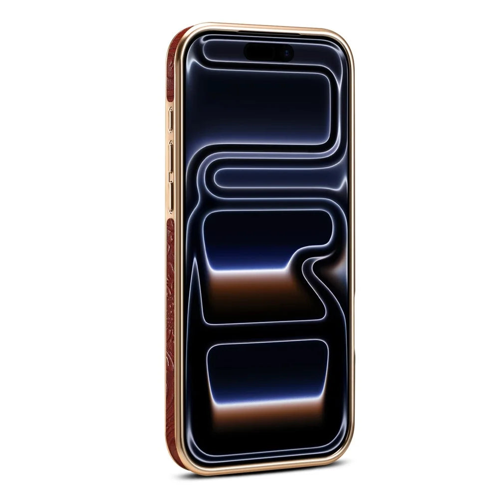 DENIOR A25 For iPhone 17 Pro Max Case Compatible with MagSafe Kickstand Electroplating Genuine Cow Leather Back Phone Cover - Red - 6