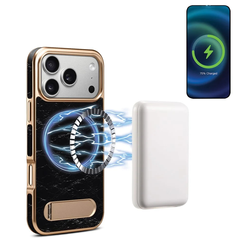 DENIOR A25+1 For iPhone 17 Pro Magnetic Case Kickstand Electroplating Cowhide Texture Genuine Cow Leather Back Phone Cover - Black - 1