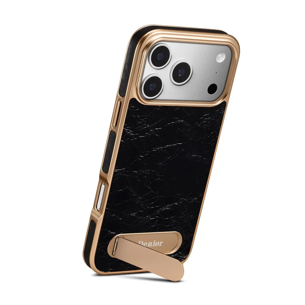 DENIOR A25+1 For iPhone 17 Pro Magnetic Case Kickstand Electroplating Cowhide Texture Genuine Cow Leather Back Phone Cover - Black - 2