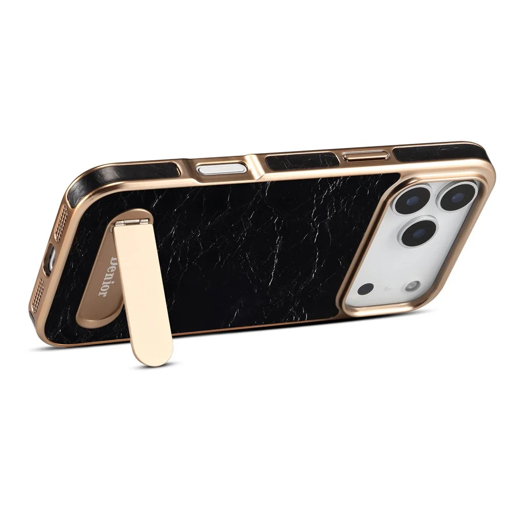 DENIOR A25+1 For iPhone 17 Pro Magnetic Case Kickstand Electroplating Cowhide Texture Genuine Cow Leather Back Phone Cover - Black - 3