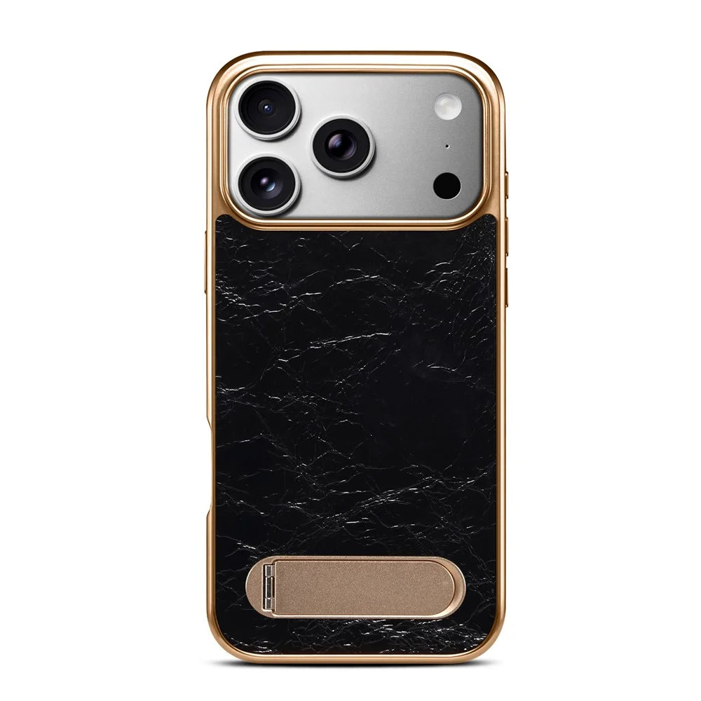 DENIOR A25+1 For iPhone 17 Pro Magnetic Case Kickstand Electroplating Cowhide Texture Genuine Cow Leather Back Phone Cover - Black - 4
