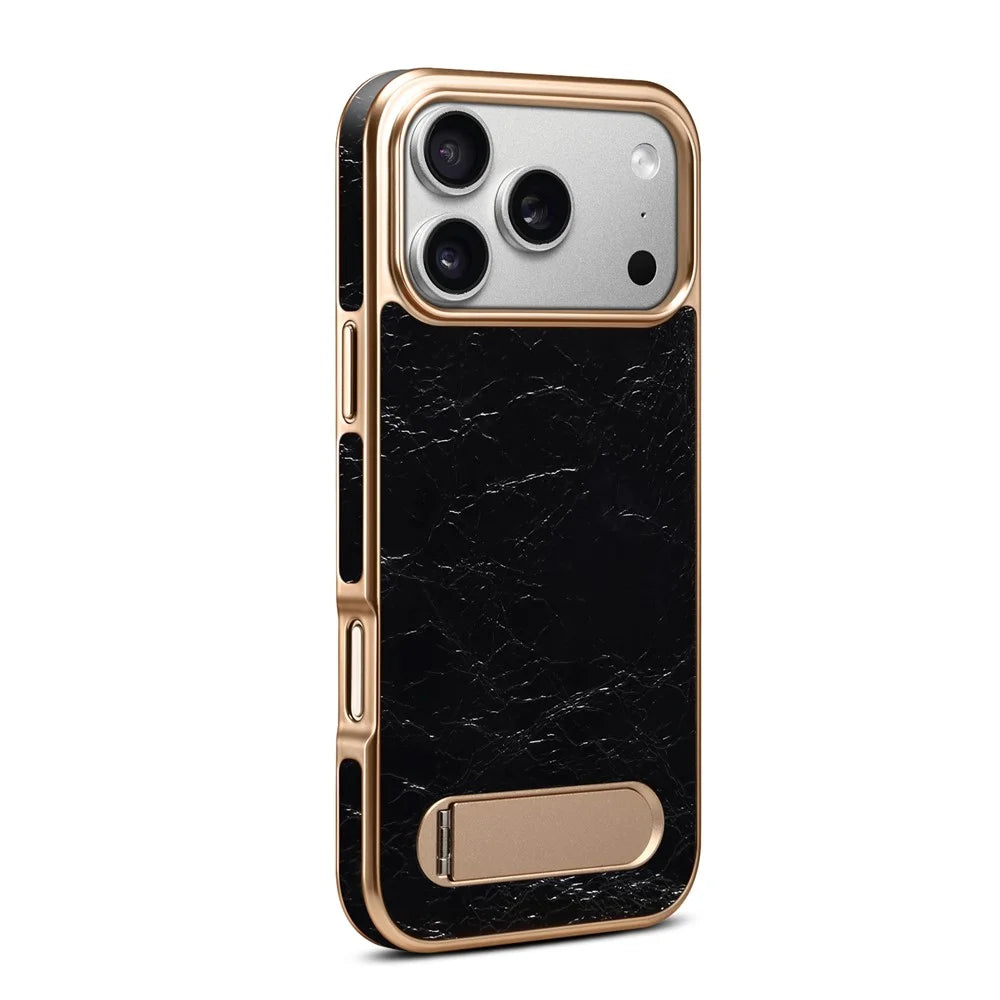 DENIOR A25+1 For iPhone 17 Pro Magnetic Case Kickstand Electroplating Cowhide Texture Genuine Cow Leather Back Phone Cover - Black - 5