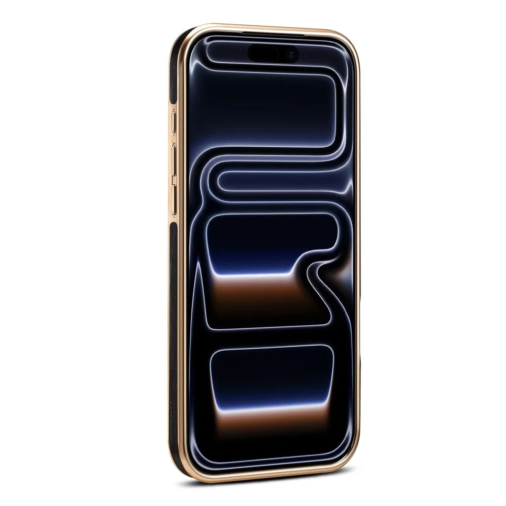 DENIOR A25+1 For iPhone 17 Pro Magnetic Case Kickstand Electroplating Cowhide Texture Genuine Cow Leather Back Phone Cover - Black - 6