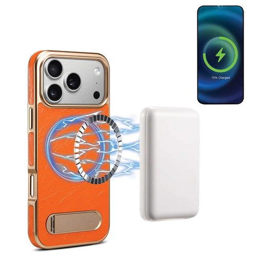 DENIOR A25+1 For iPhone 17 Pro Max Magnetic Case Kickstand Electroplating Cowhide Texture Genuine Cow Leather Back Phone Cover - Orange - 1