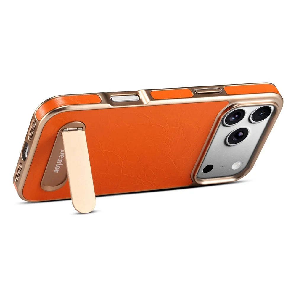 DENIOR A25+1 For iPhone 17 Pro Max Magnetic Case Kickstand Electroplating Cowhide Texture Genuine Cow Leather Back Phone Cover - Orange - 3