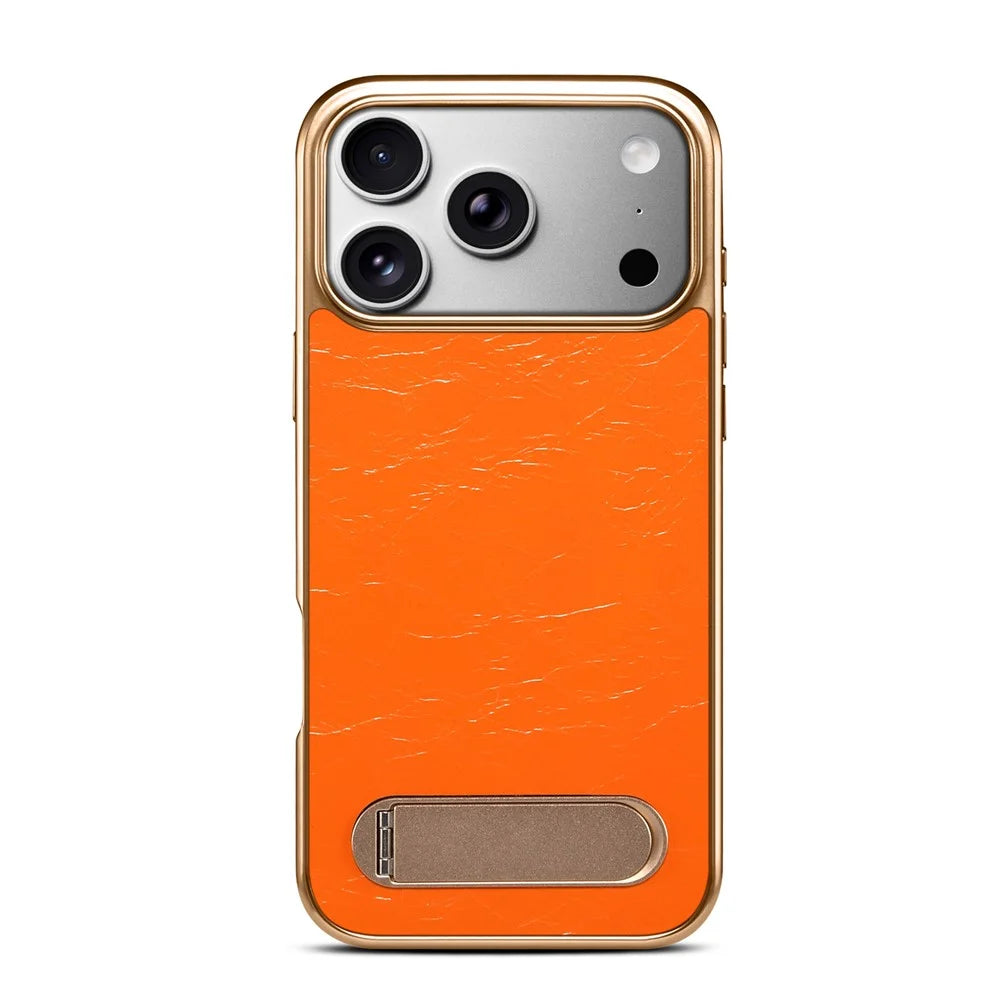 DENIOR A25+1 For iPhone 17 Pro Max Magnetic Case Kickstand Electroplating Cowhide Texture Genuine Cow Leather Back Phone Cover - Orange - 4