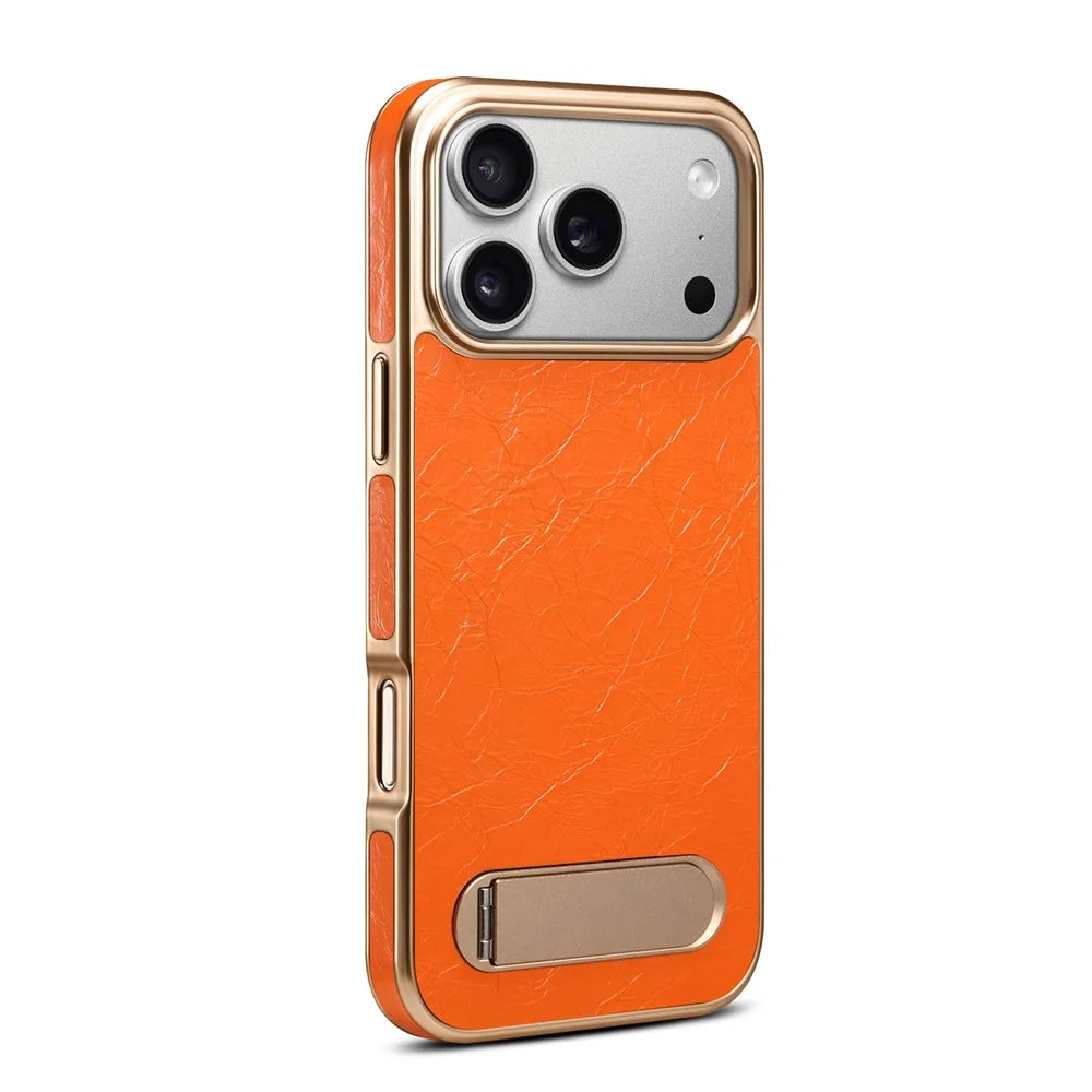 DENIOR A25+1 For iPhone 17 Pro Max Magnetic Case Kickstand Electroplating Cowhide Texture Genuine Cow Leather Back Phone Cover - Orange - 5