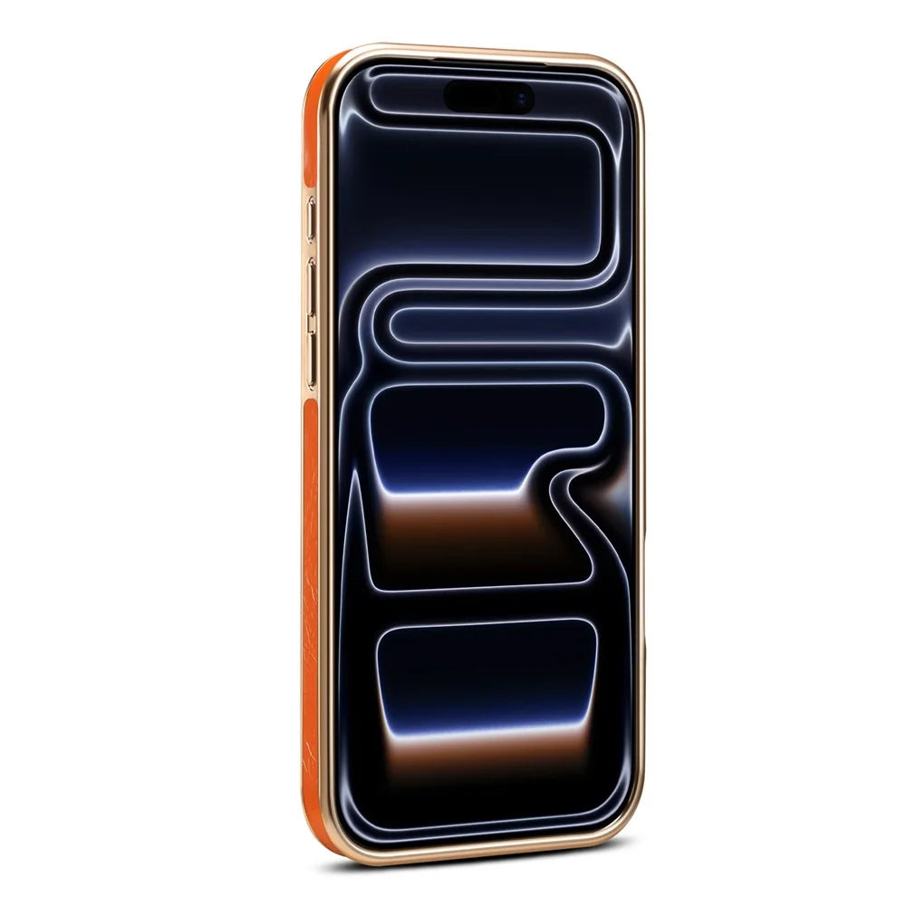 DENIOR A25+1 For iPhone 17 Pro Max Magnetic Case Kickstand Electroplating Cowhide Texture Genuine Cow Leather Back Phone Cover - Orange - 6