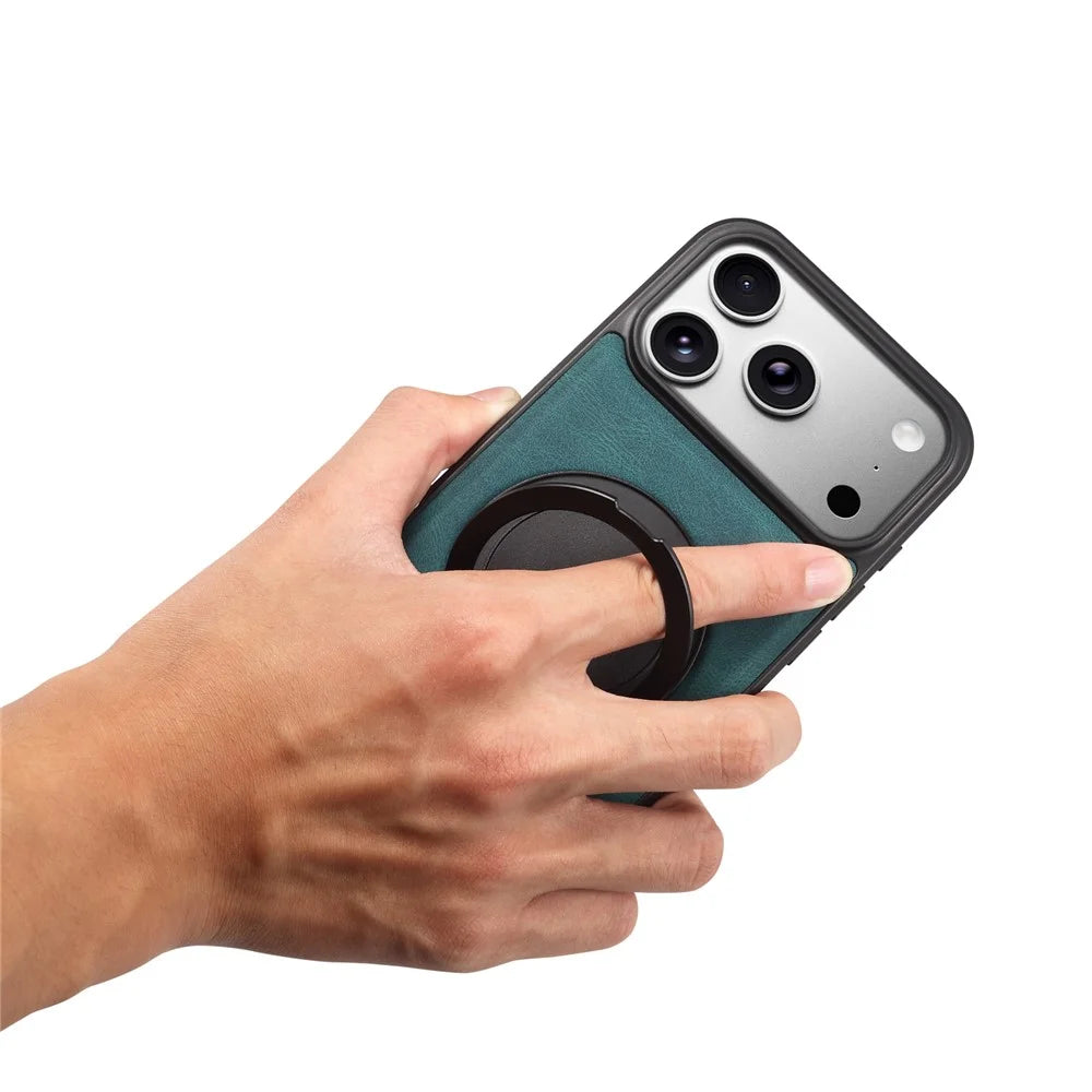 DENIOR A14 For iPhone 17 Pro Magnetic Case Rotary Kickstand Leather PC TPU Phone Cover - Blue - 6