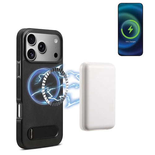DENIOR A25+2 For iPhone 17 Pro Case Compatible with MagSafe Kickstand Skin Touch Leather PC TPU Phone Cover - Black - 1