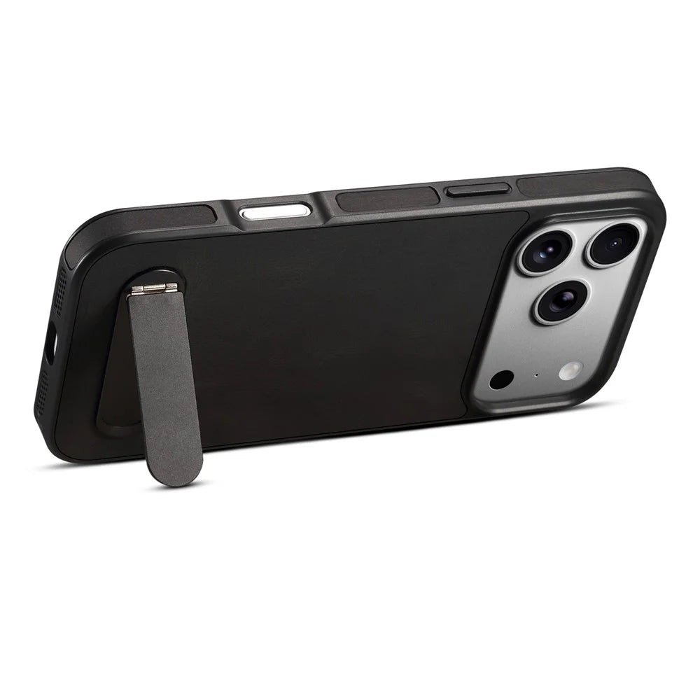 DENIOR A25+2 For iPhone 17 Pro Case Compatible with MagSafe Kickstand Skin Touch Leather PC TPU Phone Cover - Black - 3