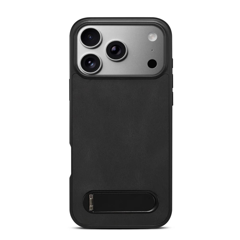 DENIOR A25+2 For iPhone 17 Pro Case Compatible with MagSafe Kickstand Skin Touch Leather PC TPU Phone Cover - Black - 4