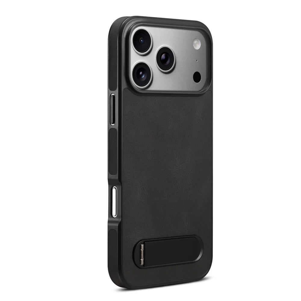 DENIOR A25+2 For iPhone 17 Pro Case Compatible with MagSafe Kickstand Skin Touch Leather PC TPU Phone Cover - Black - 5