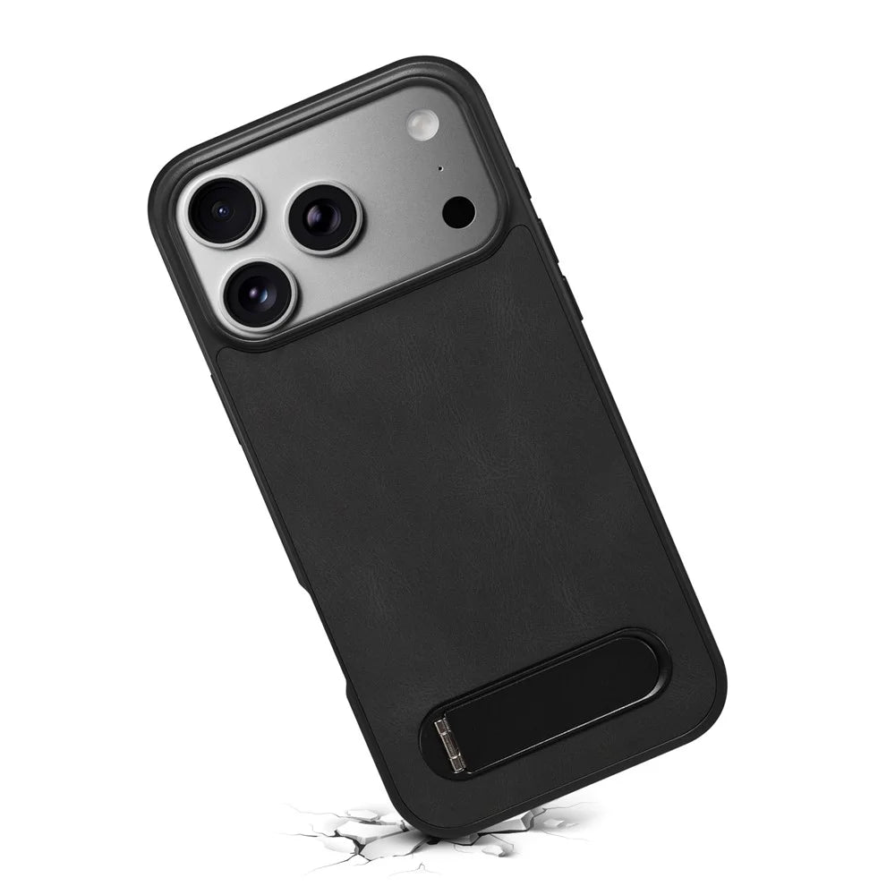 DENIOR A25+2 For iPhone 17 Pro Case Compatible with MagSafe Kickstand Skin Touch Leather PC TPU Phone Cover - Black - 6