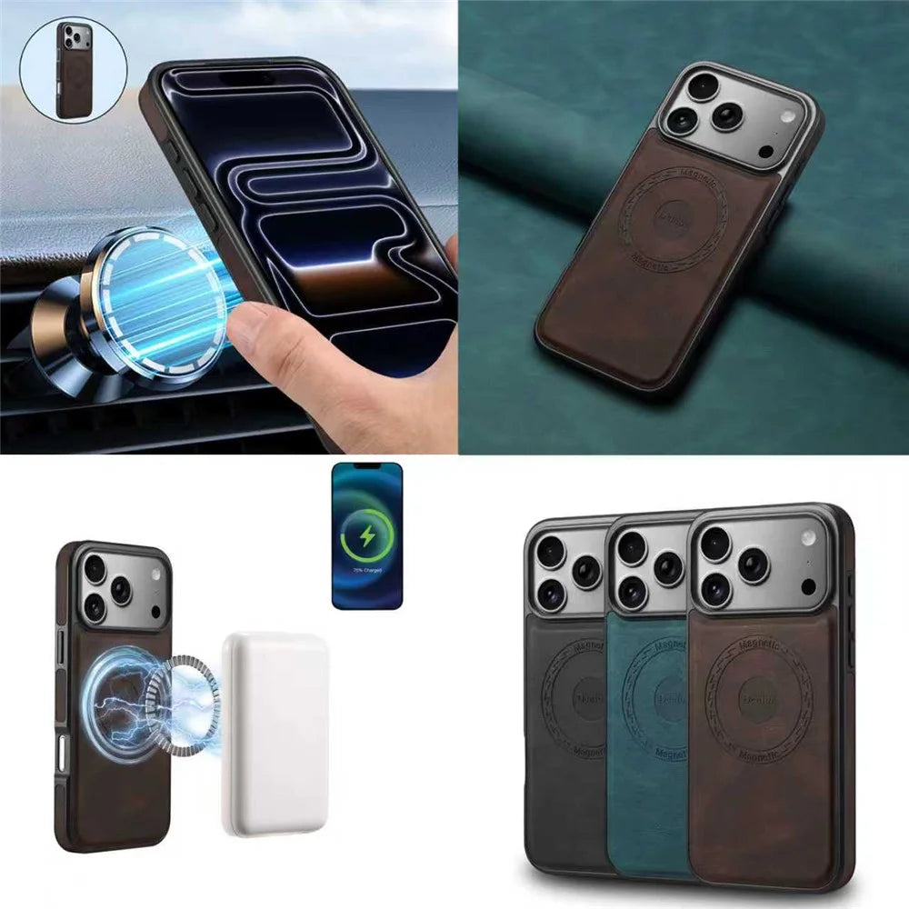 DENIOR A13 For iPhone 17 Pro Case Compatible with MagSafe Leather + PC + TPU Phone Cover - Brown - 4