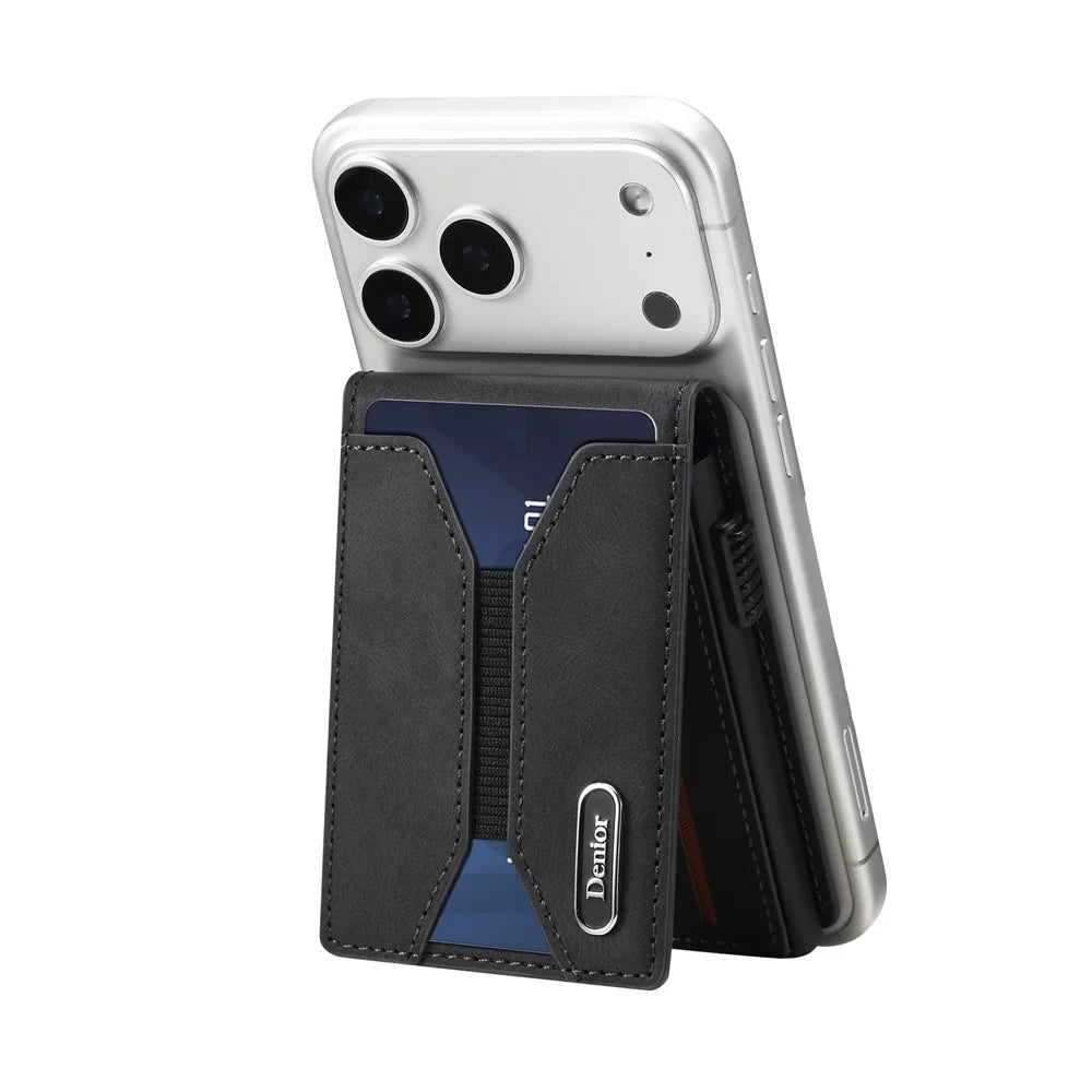 DENIOR V20 Skin Feel Magnetic Elastic Card Holder PU Leather Phone Stand Card Case - Black - 2