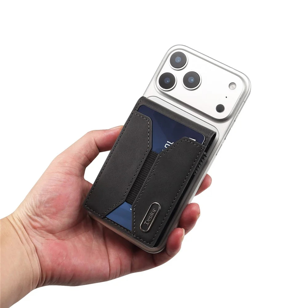 DENIOR V20 Skin Feel Magnetic Elastic Card Holder PU Leather Phone Stand Card Case - Black - 6