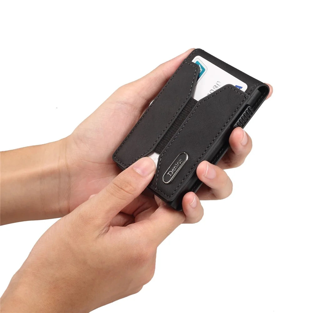 DENIOR V20 Skin Feel Magnetic Elastic Card Holder PU Leather Phone Stand Card Case - Black - 7