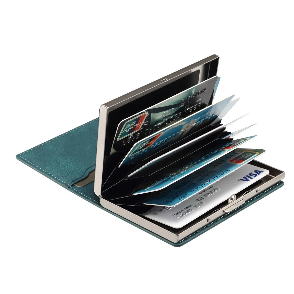 DENIOR V21 Skin Feel Magnetic Card Case PU Leather Kickstand Phone Back Card Holder - Blue - 4