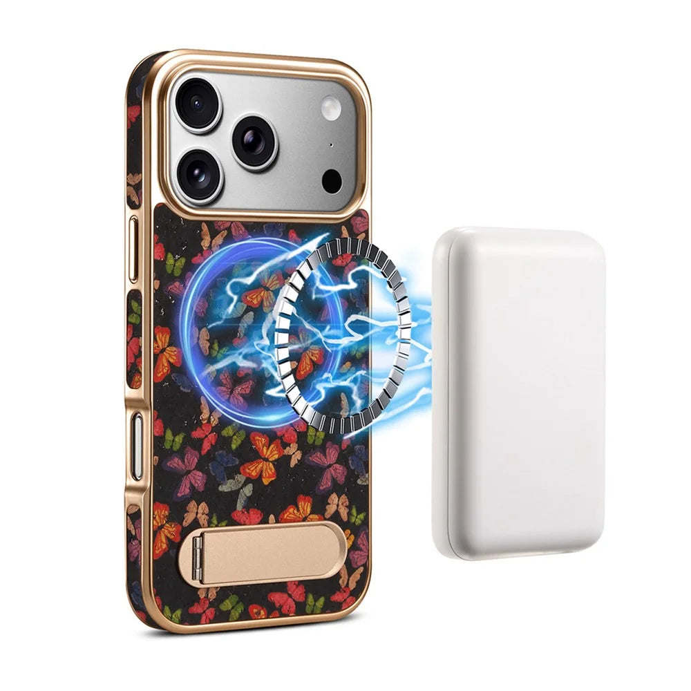 DENIOR A25+4 For iPhone 17 Pro Case Compatible with MagSafe Butterfly PU Leather PC TPU Kickstand Phone Cover - Black - 1