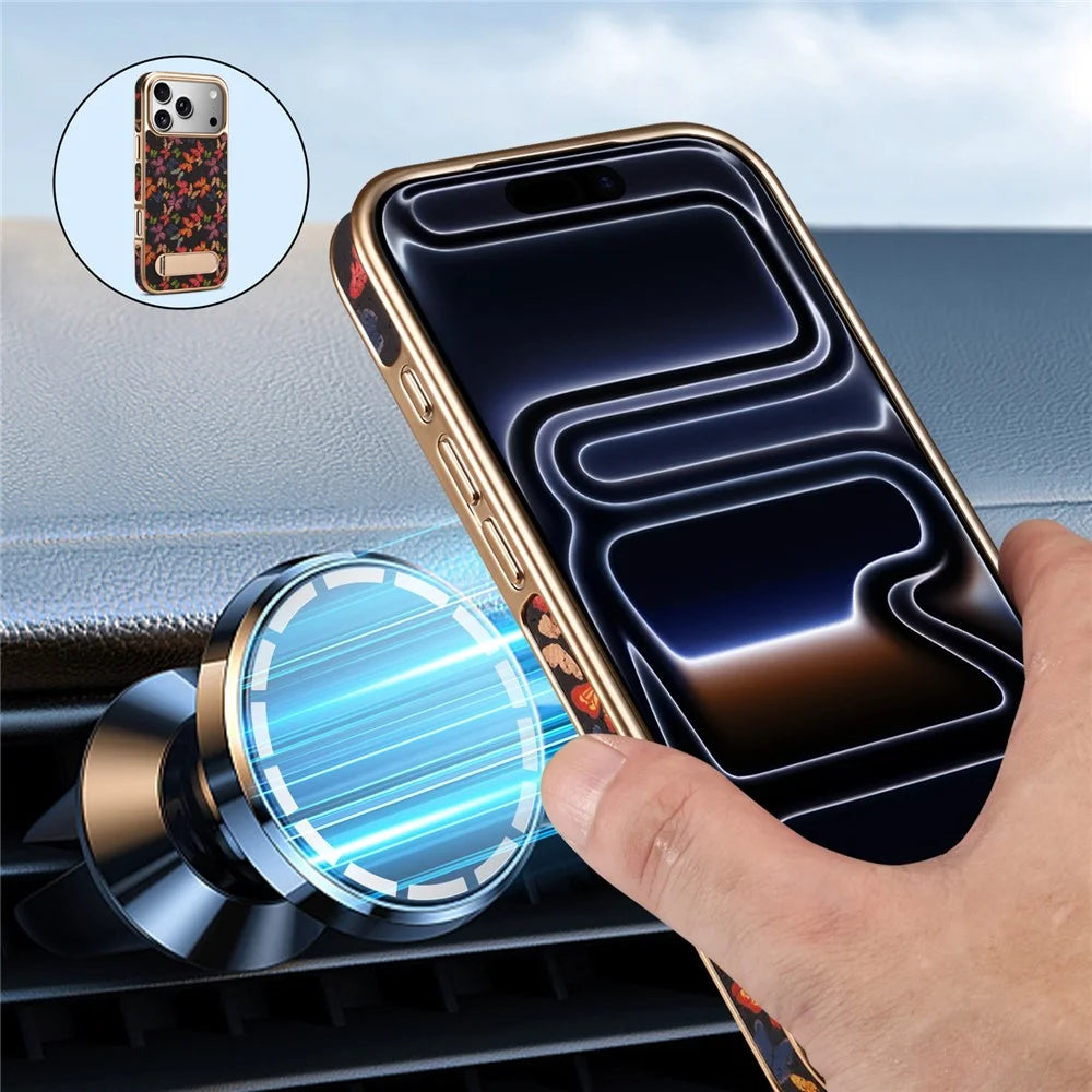 DENIOR A25+4 For iPhone 17 Pro Case Compatible with MagSafe Butterfly PU Leather PC TPU Kickstand Phone Cover - Black - 7