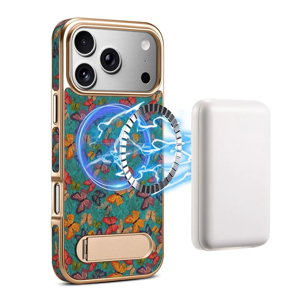 DENIOR A25+4 For iPhone 17 Pro Max Case Compatible with MagSafe Butterfly PU Leather PC TPU Kickstand Phone Cover - Blue - 1
