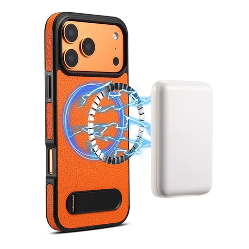 DENIOR A25+3 For iPhone 17 Pro Case Compatible with MagSafe Litchi Texture Leather PC TPU Kickstand Phone Cover - Orange - 1