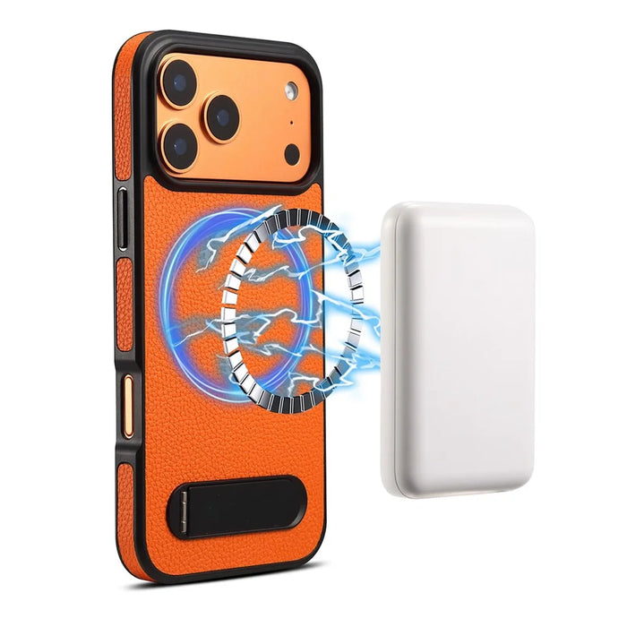 DENIOR A25+3 For iPhone 17 Pro Case Compatible with MagSafe Litchi Texture Leather PC TPU Kickstand Phone Cover - Orange - 1