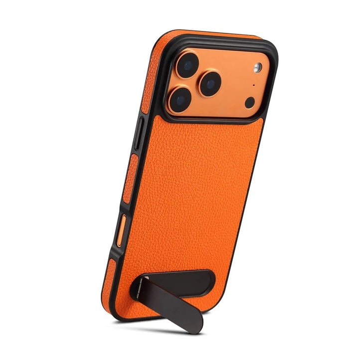 DENIOR A25+3 For iPhone 17 Pro Case Compatible with MagSafe Litchi Texture Leather PC TPU Kickstand Phone Cover - Orange - 2