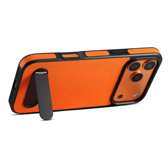 DENIOR A25+3 For iPhone 17 Pro Case Compatible with MagSafe Litchi Texture Leather PC TPU Kickstand Phone Cover - Orange - 3