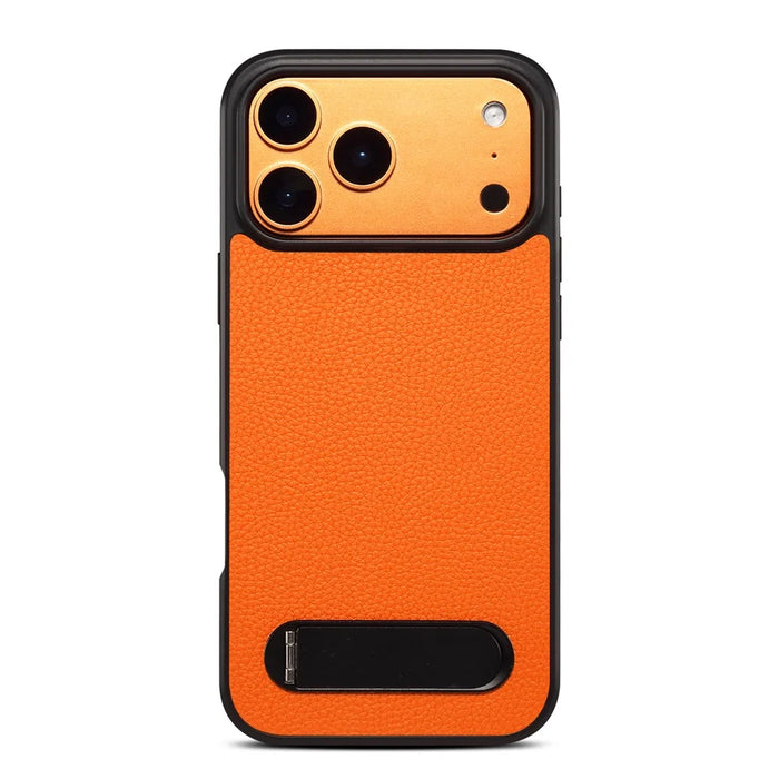 DENIOR A25+3 For iPhone 17 Pro Case Compatible with MagSafe Litchi Texture Leather PC TPU Kickstand Phone Cover - Orange - 4