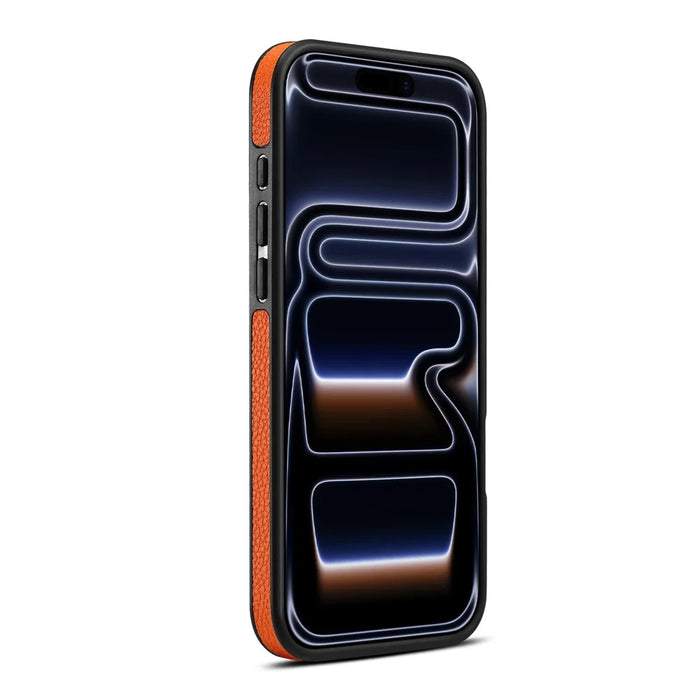 DENIOR A25+3 For iPhone 17 Pro Case Compatible with MagSafe Litchi Texture Leather PC TPU Kickstand Phone Cover - Orange - 6