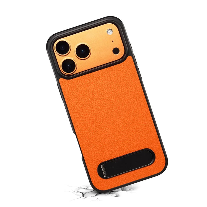 DENIOR A25+3 For iPhone 17 Pro Case Compatible with MagSafe Litchi Texture Leather PC TPU Kickstand Phone Cover - Orange - 7