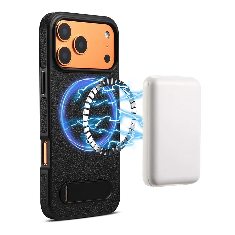 DENIOR A25+3 For iPhone 17 Pro Max Case Compatible with MagSafe Litchi Texture Leather PC TPU Kickstand Phone Cover - Black - 1