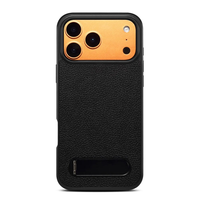DENIOR A25+3 For iPhone 17 Pro Max Case Compatible with MagSafe Litchi Texture Leather PC TPU Kickstand Phone Cover - Black - 4