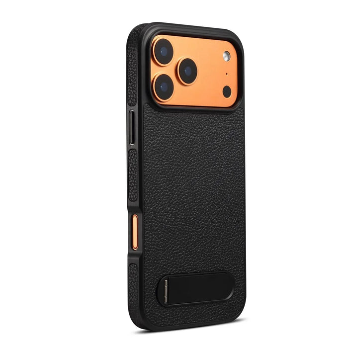 DENIOR A25+3 For iPhone 17 Pro Max Case Compatible with MagSafe Litchi Texture Leather PC TPU Kickstand Phone Cover - Black - 5