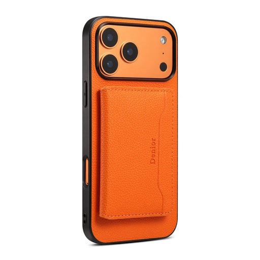 DENIOR D30 For iPhone 17 Pro Case Compatible with MagSafe Detachable Card Holder Kickstand Litchi Texture Leather Back Phone Cover - Orange - 1