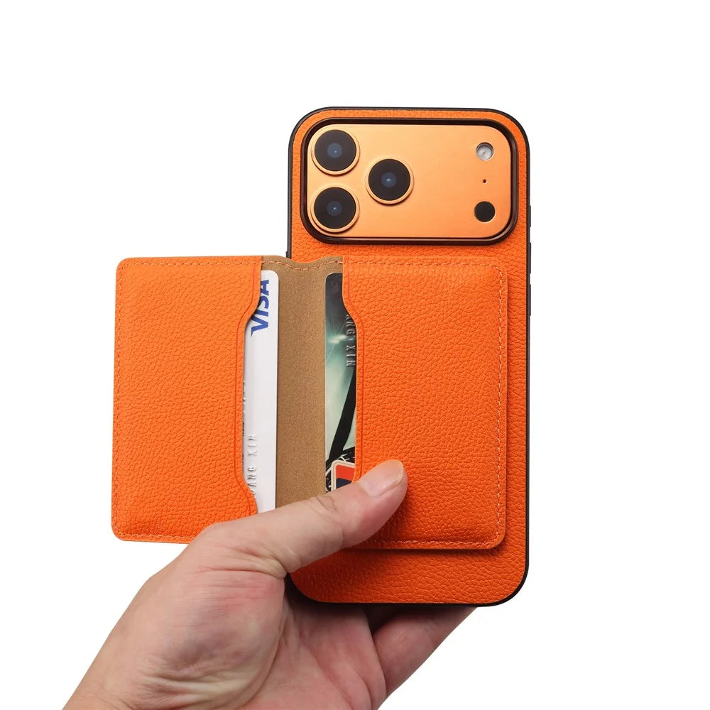 DENIOR D30 For iPhone 17 Pro Case Compatible with MagSafe Detachable Card Holder Kickstand Litchi Texture Leather Back Phone Cover - Orange - 6
