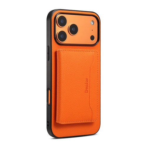 DENIOR D30 For iPhone 17 Pro Max Case Compatible with MagSafe Detachable Card Holder Kickstand Litchi Texture Leather Back Phone Cover - Orange - 1