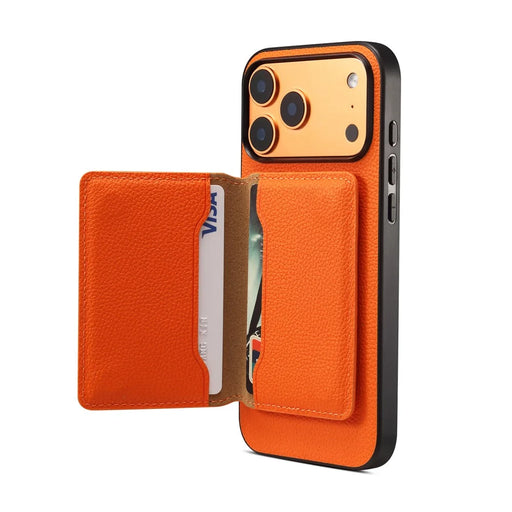 DENIOR D30 For iPhone 17 Pro Max Case Compatible with MagSafe Detachable Card Holder Kickstand Litchi Texture Leather Back Phone Cover - Orange - 2