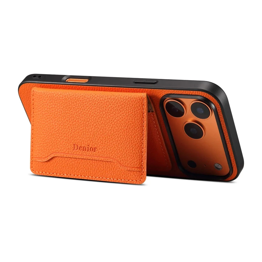 DENIOR D30 For iPhone 17 Pro Max Case Compatible with MagSafe Detachable Card Holder Kickstand Litchi Texture Leather Back Phone Cover - Orange - 3