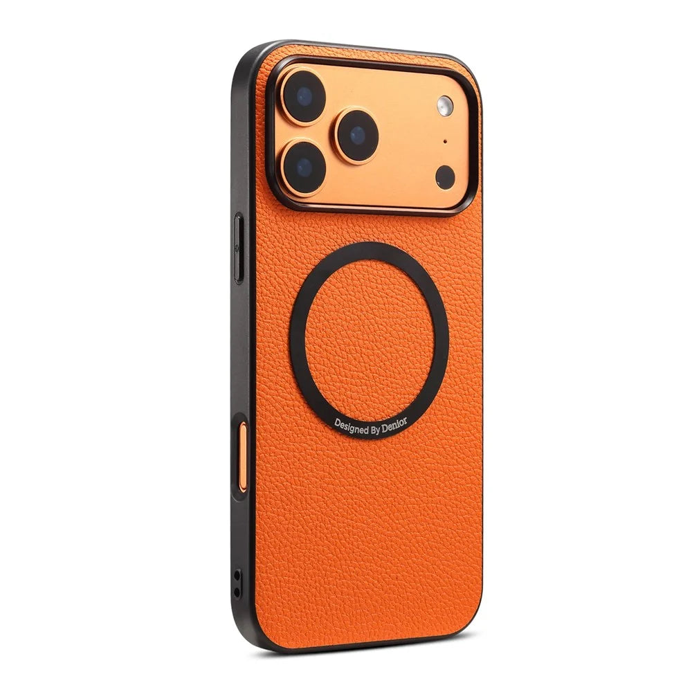 DENIOR D30 For iPhone 17 Pro Max Case Compatible with MagSafe Detachable Card Holder Kickstand Litchi Texture Leather Back Phone Cover - Orange - 6