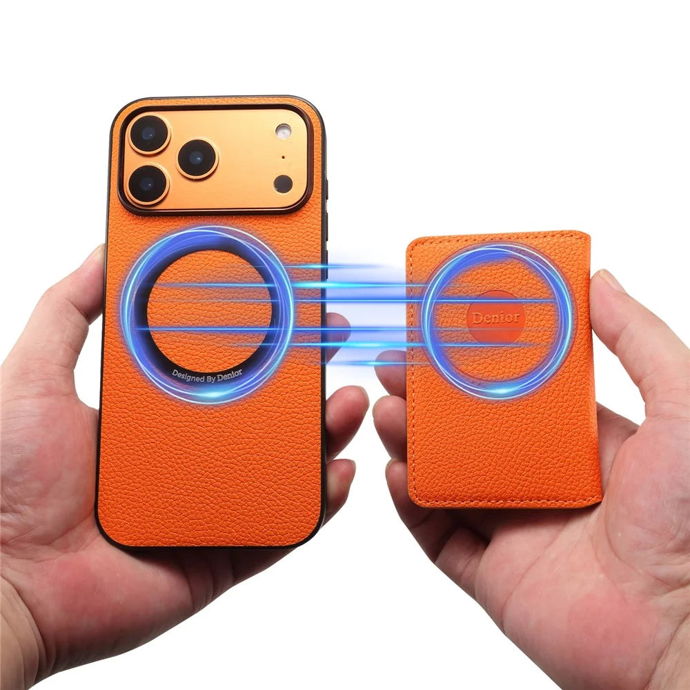 DENIOR D30 For iPhone 17 Pro Max Case Compatible with MagSafe Detachable Card Holder Kickstand Litchi Texture Leather Back Phone Cover - Orange - 7