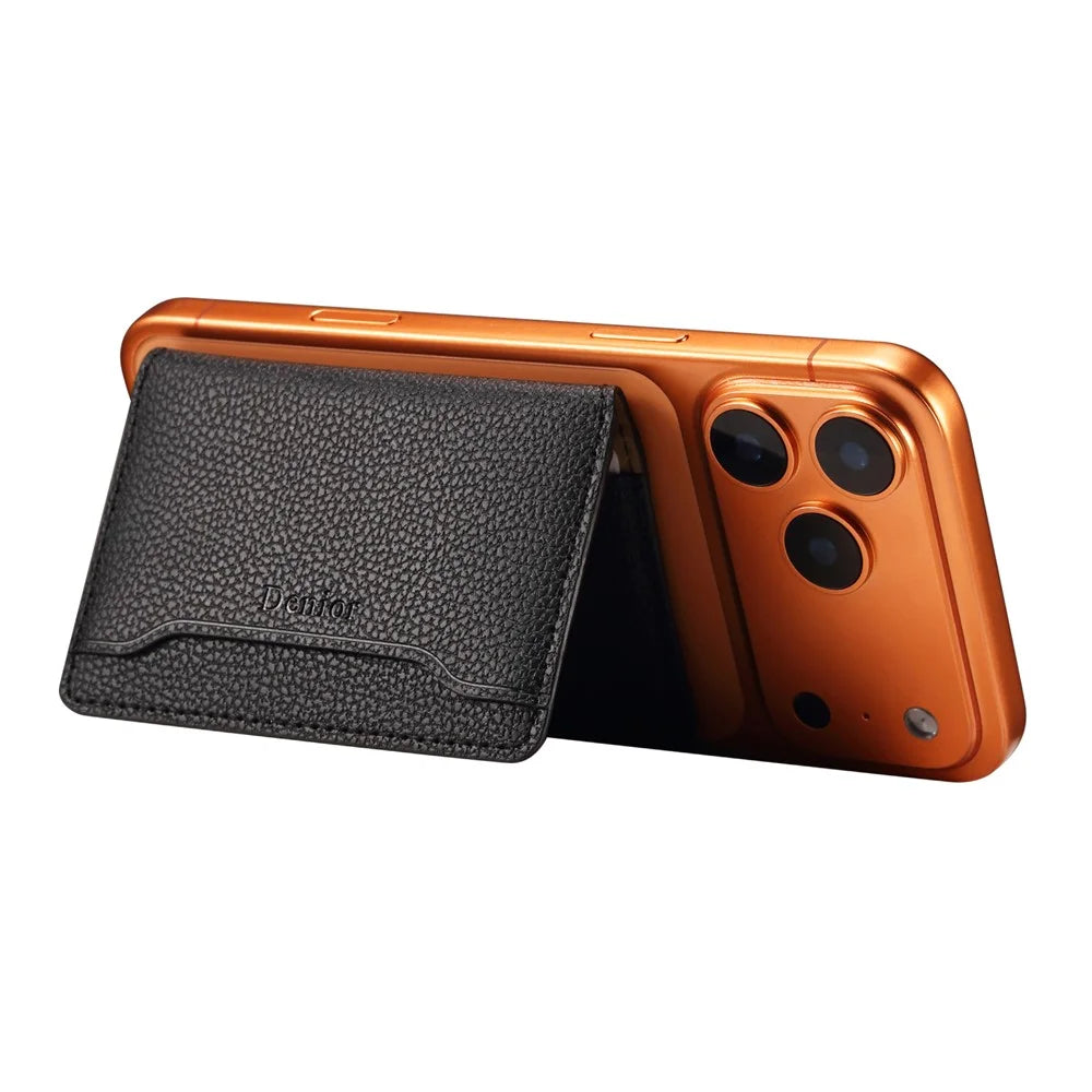 DENIOR V23 Magnetic Card Holder Litchi Texture PU Leather Phone Back Card Bag Kickstand - Black - 6
