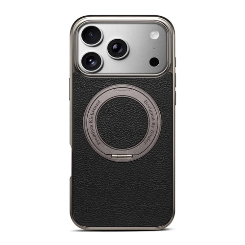 DENIOR A23+2 For iPhone 17 Pro Case Compatible with MagSafe Rotary Kickstand Leather Back Phone Cover - Black - 1
