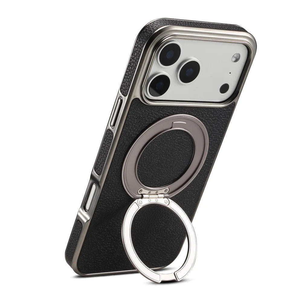 DENIOR A23+2 For iPhone 17 Pro Case Compatible with MagSafe Rotary Kickstand Leather Back Phone Cover - Black - 4